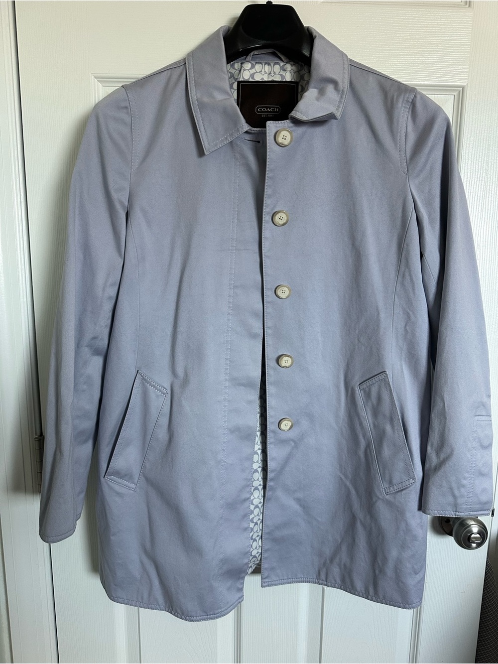 Coach Light Blue Periwinkle lilac button down Trench Coat medium